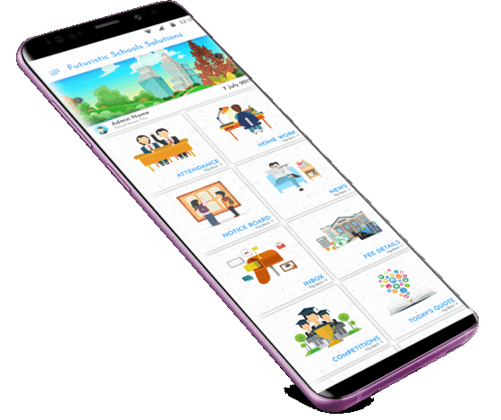 The Futuristic Schools parent app on a phone: attendance, homework, notices, news, fee details and inbox
